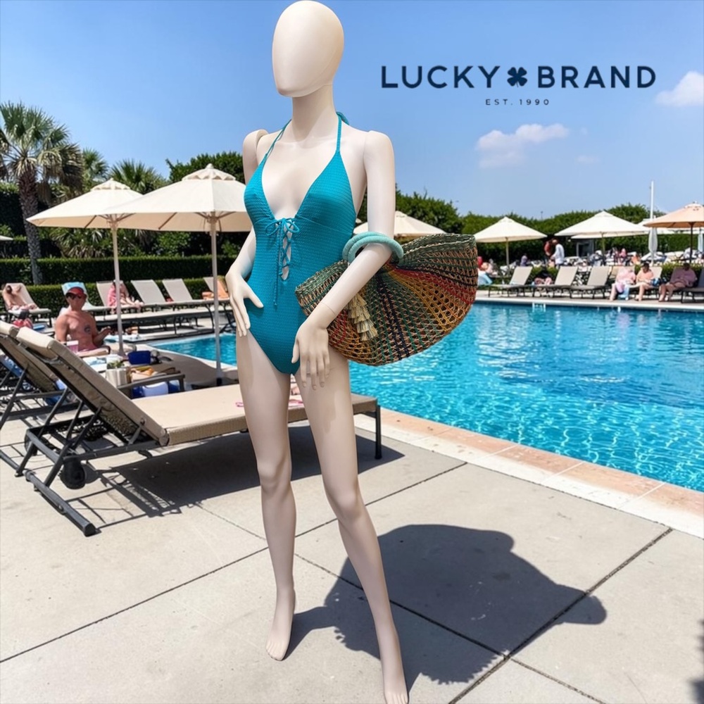 Lucky Brand Turquoise Golden Wave Lace-Up One-Piece Swimsuit Sz Small NWT!